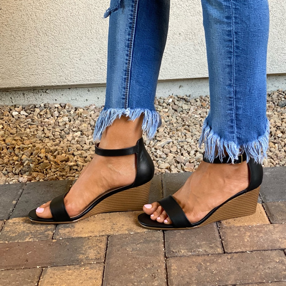 Black Summer Leather Kitten Heel Wedge Sandal - Picture 3 of 13